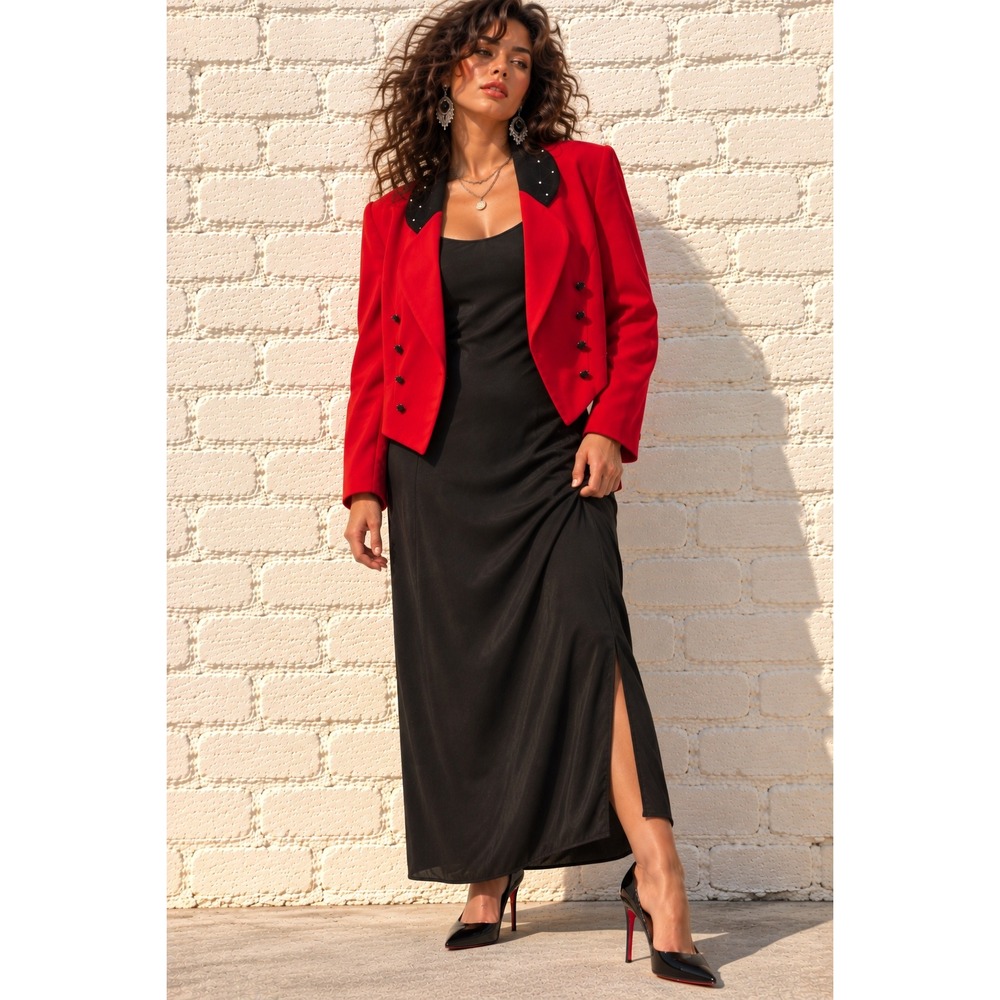 Vintage Dawn Joy II Red Black Rayon Dress Jacket Set Studded Evening 90s 22W